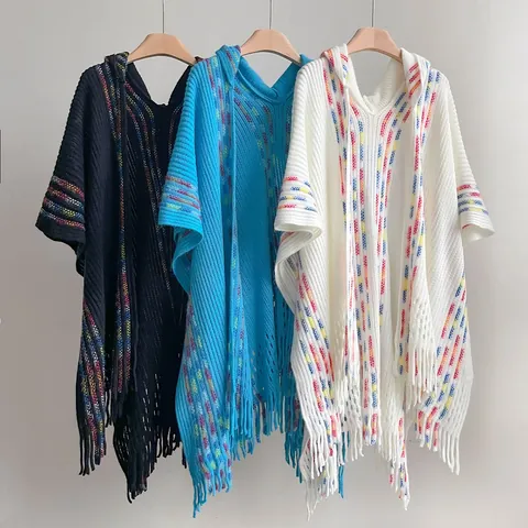Women's Ethnic Hooded Poncho Knit Shawl With Colorful Stripes And Tassels Vintage Pullover Warm Cape Outwear For Lady