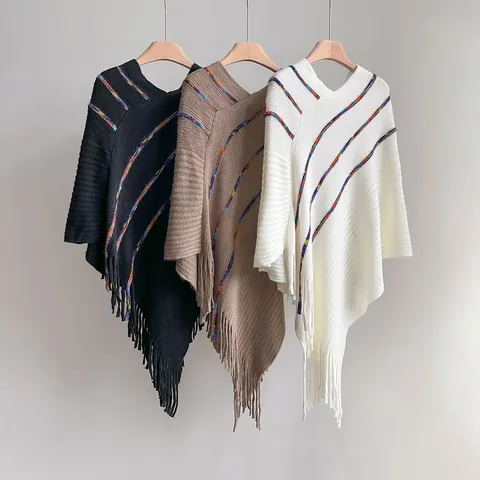 Poncho en Tricot Bohème Pour Femmes Avec Rayures Colorées Et Longues Franges Pull Châle Col En V Pour Automne Hiver
