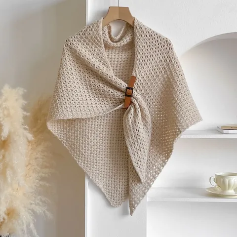 Women's Hollow Out Knit Shawl Crochet Poncho Sun Protection Thin Wrap Cardigan With Leather Buckle Vintage Solid Color Cape