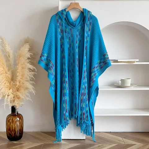 Women's Ethnic Hooded Poncho Knit Shawl With Colorful Stripes And Tassels Vintage Pullover Warm Cape Outwear For Lady