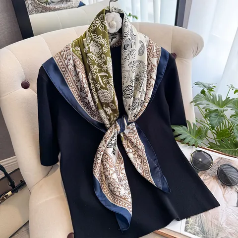Women Fashion Satin Silk Scarf Large Square Paisley Floral Printed Shawl Soft Beach Headscarf For Travel Decoration