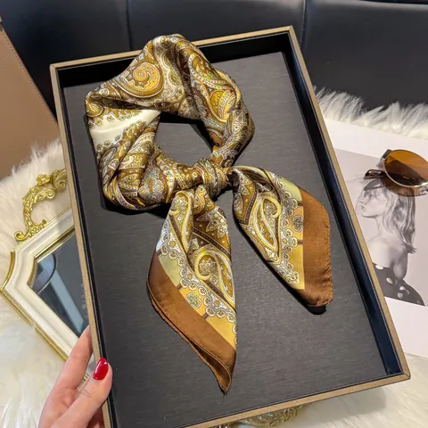French Elegant Paisley Print Satin Square Scarf For Women Silk Like Headscarf Vintage Neck Scarf Decorative Hair Wrap Accessory