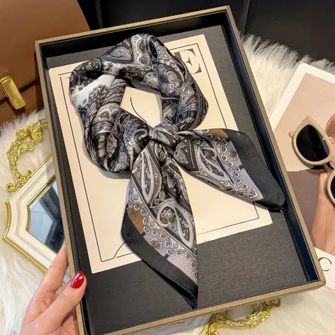 French Elegant Paisley Print Satin Square Scarf For Women Silk Like Headscarf Vintage Neck Scarf Decorative Hair Wrap Accessory