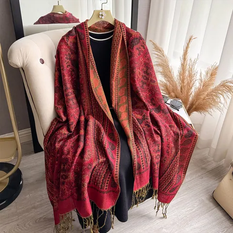 Sciarpa Vintage Paisley in Imitazione Cashmere per Donna Grande Scialle Etnico con Nappine Inverno Caldo Morbido Pashmina