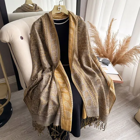 Sciarpa Vintage Paisley in Imitazione Cashmere per Donna Grande Scialle Etnico con Nappine Inverno Caldo Morbido Pashmina