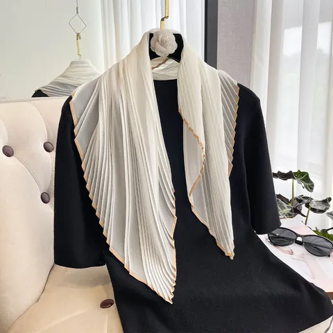 Women French Style Pleated Satin Square Scarf Elegant Solid Color Neck Scarf For Daily Commuting With Contrast Border