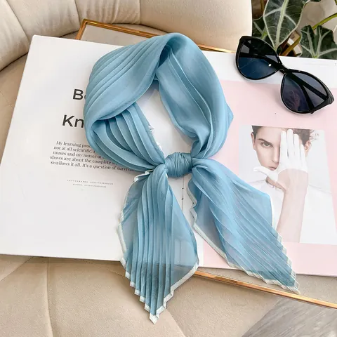 Women French Style Pleated Satin Square Scarf Elegant Solid Color Neck Scarf For Daily Commuting With Contrast Border