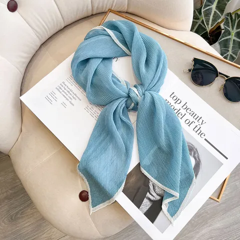 Elegant Pleated Scarf For Women Polyester Satin Feel Small Square Scarf Contrast Color Border Decorative Head Scarf Bandana