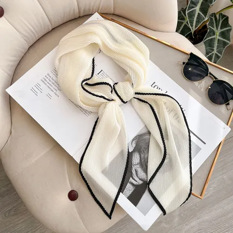 Elegant Pleated Scarf For Women Polyester Satin Feel Small Square Scarf Contrast Color Border Decorative Head Scarf Bandana