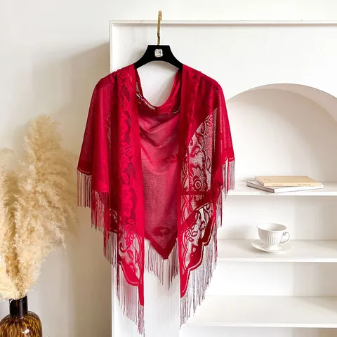 Women Lace Triangle Scarf Floral Hollow Out Shawl Tassel Fringe Lightweight Breathable Elegant Fashion Head Scarf