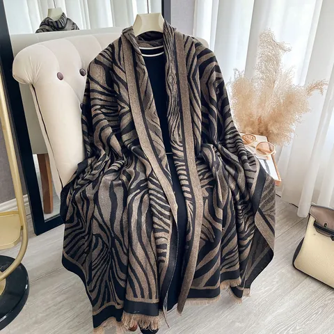 Bufanda de Mujer con Estampado de Leopardo y Cebra Imitación Cachemira Chal Grande Suave con Borla de Hilo de Oro Moda de Invierno Cálida