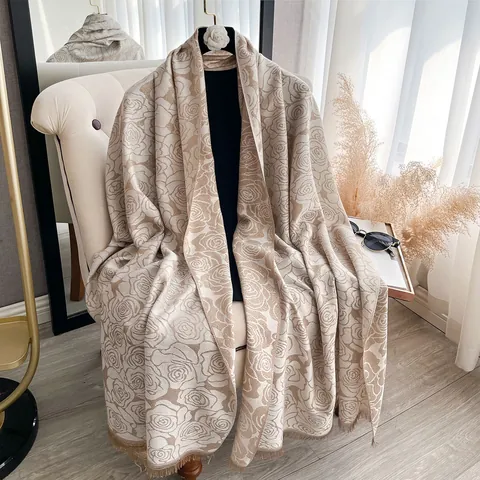 Vintage Rose Jacquard Sjaal Voor Vrouwen Dubbelzijdige Polyester Warme Omslagdoek Met Kwastjes Gouddraad Elegant Mode Accessoire