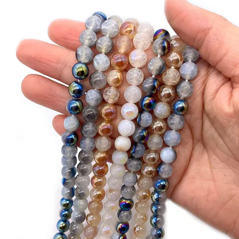 Natural Stone Dragon Vein Agate Loose Beads Round Ball Agate Beads Electroplated Iridescent Agate For DIY Jewelry Making Accessories