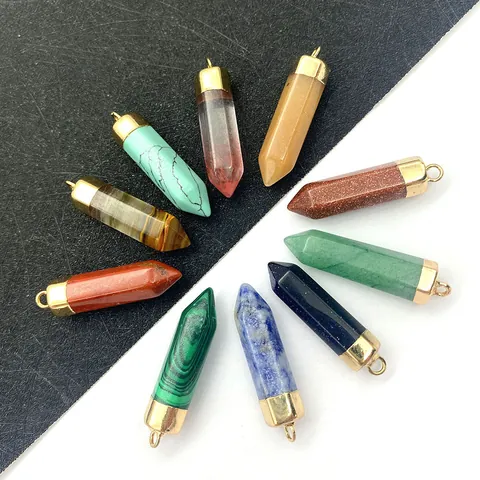 Natural Stone Hexagonal Pillar Pendant Alloy Cap DIY Jewelry Making Accessory Malachite Turquoise Gold Sandstone Blue Sandstone Polished Craft Pointed Bullet Shape