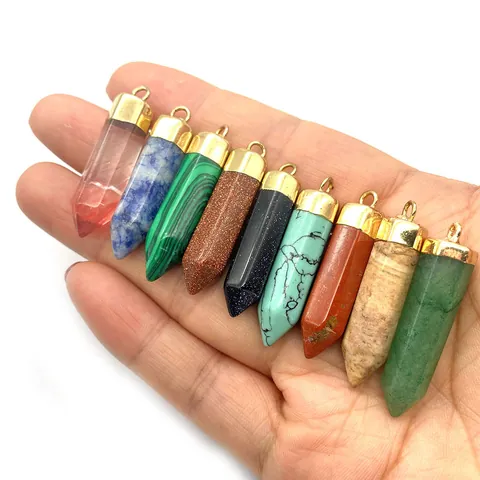 Naturstein Hexagonales Prisma Anhänger Goldkappe Polierter Kristallpunkt Für DIY Schmuckherstellung Halskette Zubehör Geschenk