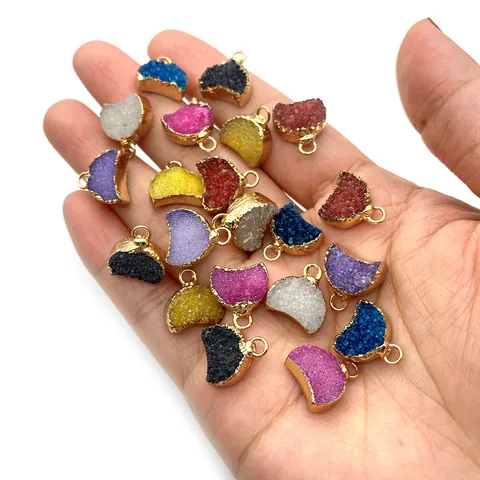 Crescent Moon Natural Stone Crystal Druzy Pendant Gold Plated Edging Charm For DIY Jewelry Making Necklace Finding Women Gift