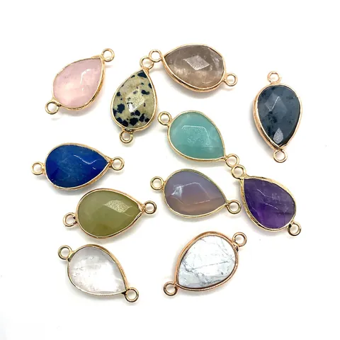 Faceted Natural Stone Teardrop Pendant Connector Gold Plated Edge Amethyst Rose Quartz Waterdrop Charm For DIY Jewelry Making Accessories Pendant Only (Without Chain)