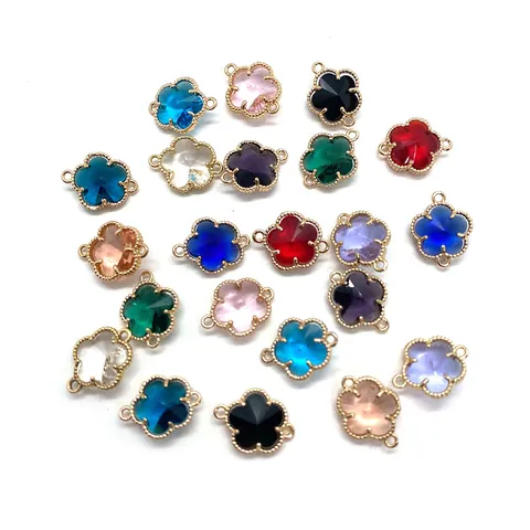 Natural Stone Faceted Crystal Five Petal Flower Connector Pendant Gold Plated Alloy Beaded Edge DIY Jewelry Making Part