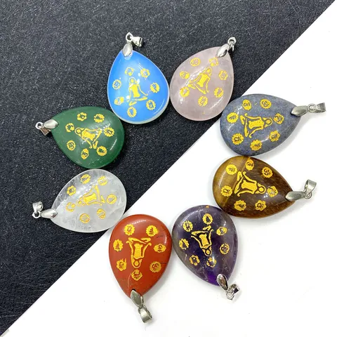 Natural Stone Teardrop Pendant Gold Engraved Yoga Meditation Chakra Symbol Amethyst Rose Quartz Lapis Jewelry Making Pendant Only