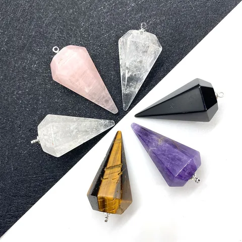Natural Stone Hexagonal Cone Pointed Pendant Only (Without Chain) Faceted Healing Crystal DIY Jewelry Making Accessory Gemstone Amethyst Tiger Eye
