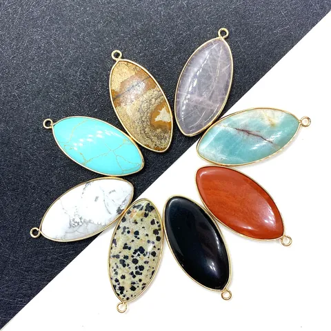 Marquise Natural Stone Pendant Gold Plated Alloy Frame Rice Shape Jasper Turquoise Charm For DIY Jewelry Making Women Necklace