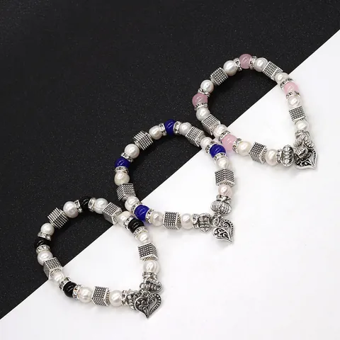 Bracciale di Perle Vintage con Ciondolo a Cuore in Lega di Zinco Distanziatori Strass Gioielli alla Moda Donna Regalo