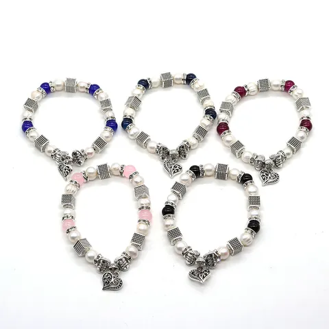 Bracciale di Perle Vintage con Ciondolo a Cuore in Lega di Zinco Distanziatori Strass Gioielli alla Moda Donna Regalo