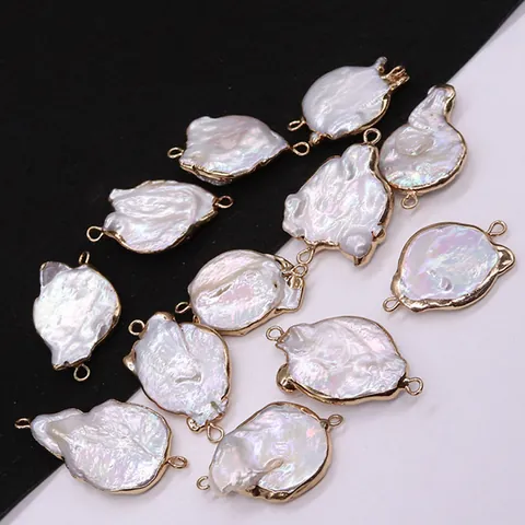Natural Baroque Freshwater Pearl Irregular Flat Flake Pendant With Gold Metal Edge Double Hole Connector For DIY Jewelry Making Wedding Party Gift