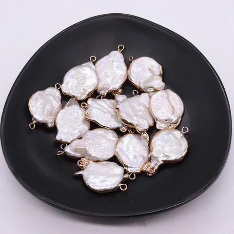 Natural Baroque Freshwater Pearl Irregular Flat Flake Pendant With Gold Metal Edge Double Hole Connector For DIY Jewelry Making Wedding Party Gift