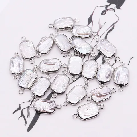 Connettore per Pendente Rettangolare in Perla d'Acqua Dolce Barocca Naturale Con Bordo in Rame Placcato Argento per Gioielli Fai-da-Te