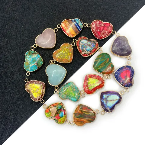 Ciondolo Connettore in Pietra Naturale a Forma di Cuore Doppio Foro Bordo Placcato Oro Accessorio per Creazione Gioielli DIY Pietra Multicolore