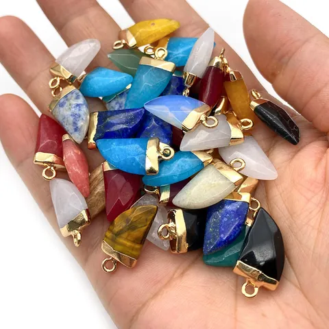 Natural Stone Horn Shape Pendants With Gold Plated Copper Loop For DIY Jewelry Making Necklace Accessory Ethnic Style