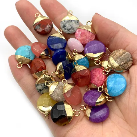 Ciondolo Sfaccettato Tondo in Pietra Naturale Lega Placcata Oro Accessori per Creazione Gioielli Fai da Te per Collana Donna