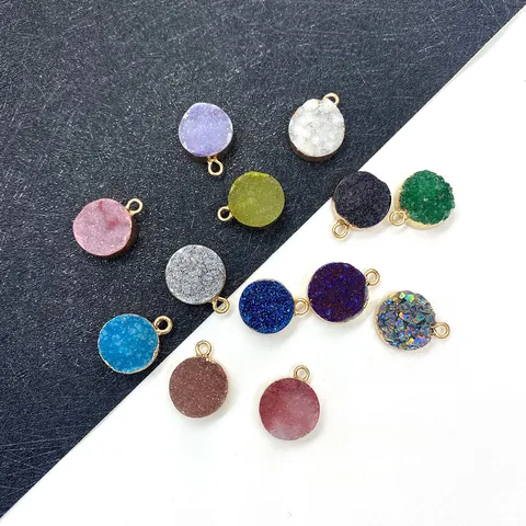 Natural Stone Round Druzy Crystal Pendant Electroplated Gold Edge Charms For DIY Necklace Bracelet Making Women Jewelry