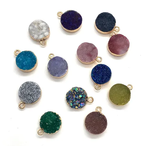 Natural Stone Round Druzy Crystal Pendant Electroplated Gold Edge Charms For DIY Necklace Bracelet Making Women Jewelry