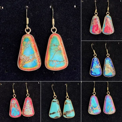 Bohemian Vintage Natural Stone Drop Earrings For Women Gold Plated Alloy Geometric Inlaid Turquoise Style Dangle Earrings Jewelry Gift