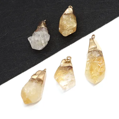 Natural Irregular Yellow Crystal Stone Pendant Gold Plated Alloy Cap Citrine Quartz Charms For DIY Jewelry Making Accessories