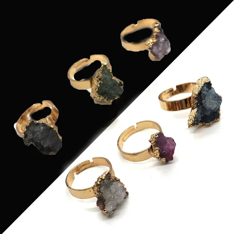 Bague Réglable Ouverte en Pierre Naturelle Cristal Druzy Pierre Gemme Irrégulière Plaqué Or Argent Bijoux Vintage Bohème Pour Hommes Femmes