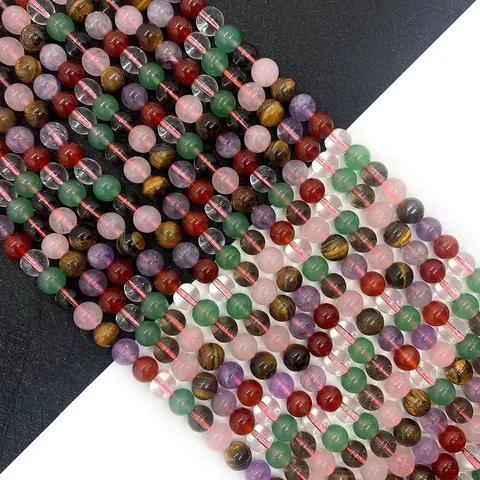 Natural Stone Round Loose Beads Mixed Rose Quartz Tiger Eye Amethyst Red Agate Beads Strand For DIY Jewelry Making Accessories