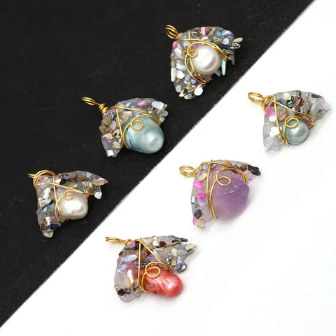 Natural Freshwater Pearl Resin Shell Fragment Pendant Irregular Hand Winding Gold Wire Charm For DIY Jewelry Making Necklaces Ethnic Bohemian Style Accessory