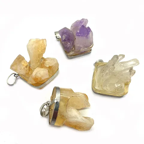 Natural Stone Crystal Cluster Pendant Amethyst Citrine Clear Quartz Inlaid Alloy Frame Irregular Shape DIY Jewelry Making Gift