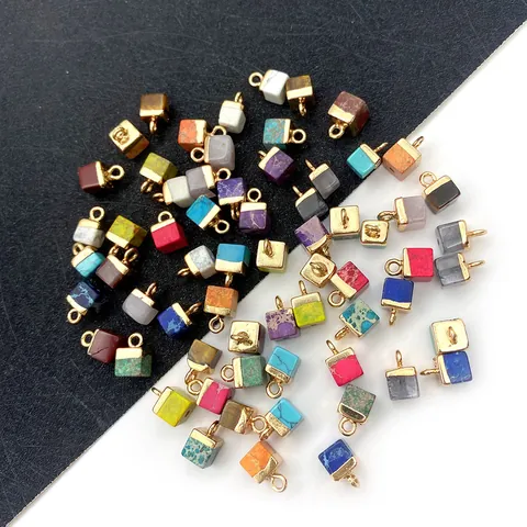 Natural Stone Cube Pendant Charms For DIY Jewelry Making Gold Plated Metal Gemstone Beads For Necklace Bracelet Accessories