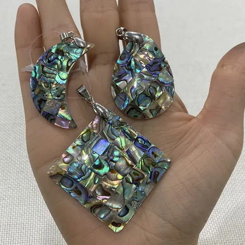 Pendentif en Mosaïque de Coquille d'Abalone Naturelle Iridescent Géométrique Forme de Lune Goutte Losange pour Bijoux DIY