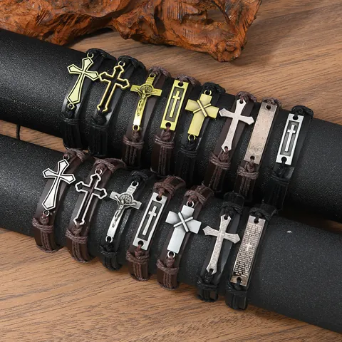 Vintage Alloy PU Leather Braided Bracelet For Men Adjustable Hemp Rope Cross Wolf Head Religious Punk Jewelry Hand Accessory
