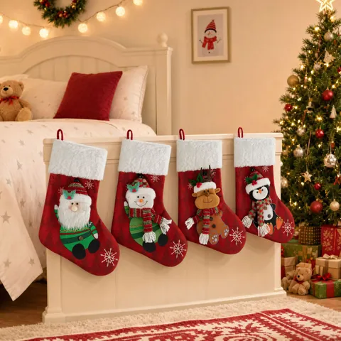 Calze Di Natale Ricamate Sacchetti Regalo Appesi Babbo Natale Pupazzo Di Neve Renna Pinguino Peluche Decorazione Festiva