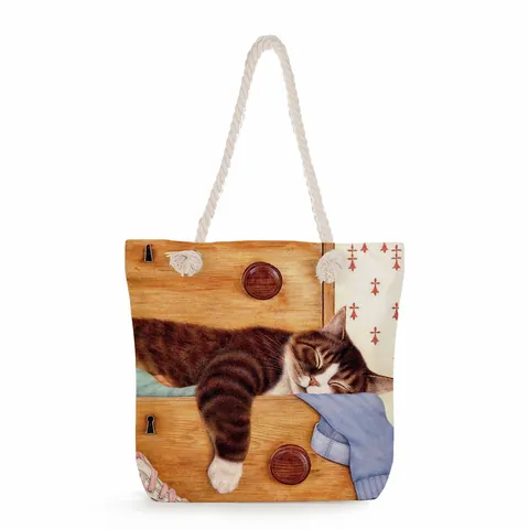 Damen Künstlerisch Katze Blumen Druck Tote Bag Große Kapazität Polyester Schultertasche Mit Seilgriff Reißverschluss Handtasche