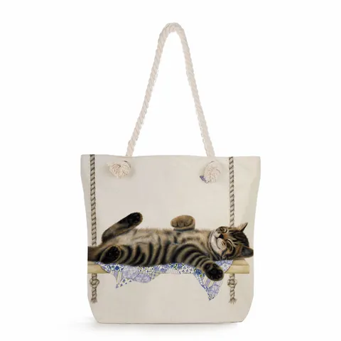 Damen Künstlerisch Katze Blumen Druck Tote Bag Große Kapazität Polyester Schultertasche Mit Seilgriff Reißverschluss Handtasche