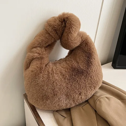 Women Faux Fur Handbag Plush Underarm Bag Soft Fluffy Shoulder Bag For Autumn Winter Zipper Solid Color Elegant