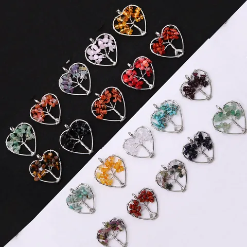 Handmade Heart Shaped Tree Of Life Pendant Natural Stone Chips Wire Wrapped Copper Jewelry Accessories For Necklace DIY Jewelry Making
