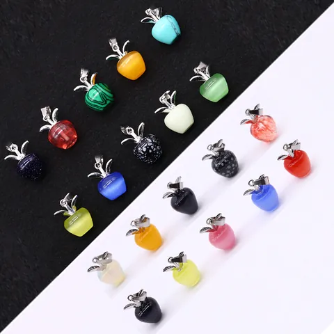 Natural Stone Apple Shape Pendant Cat Eye Opal Charms Metal Leaf For DIY Necklace Jewelry Making Women Fashion Charm Gift